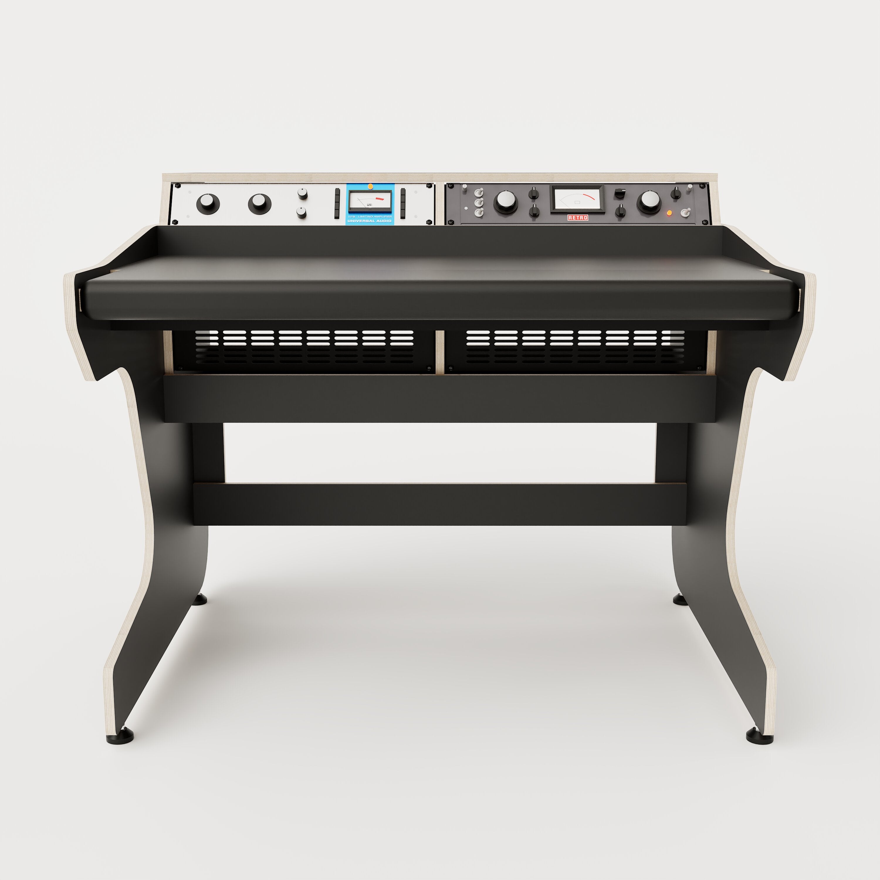 Front view of the Callisto 222 studio desk with padded arm rest and 2x 2 rack units on the desktop. Integrated cable management. Black with expressed plywood edge.