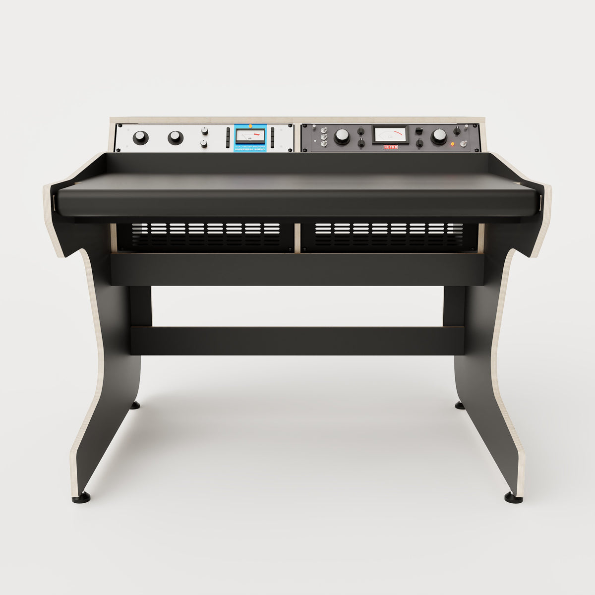 Front view of the Callisto 222 studio desk with padded arm rest and 2x 2 rack units on the desktop. Integrated cable management. Black with expressed plywood edge.