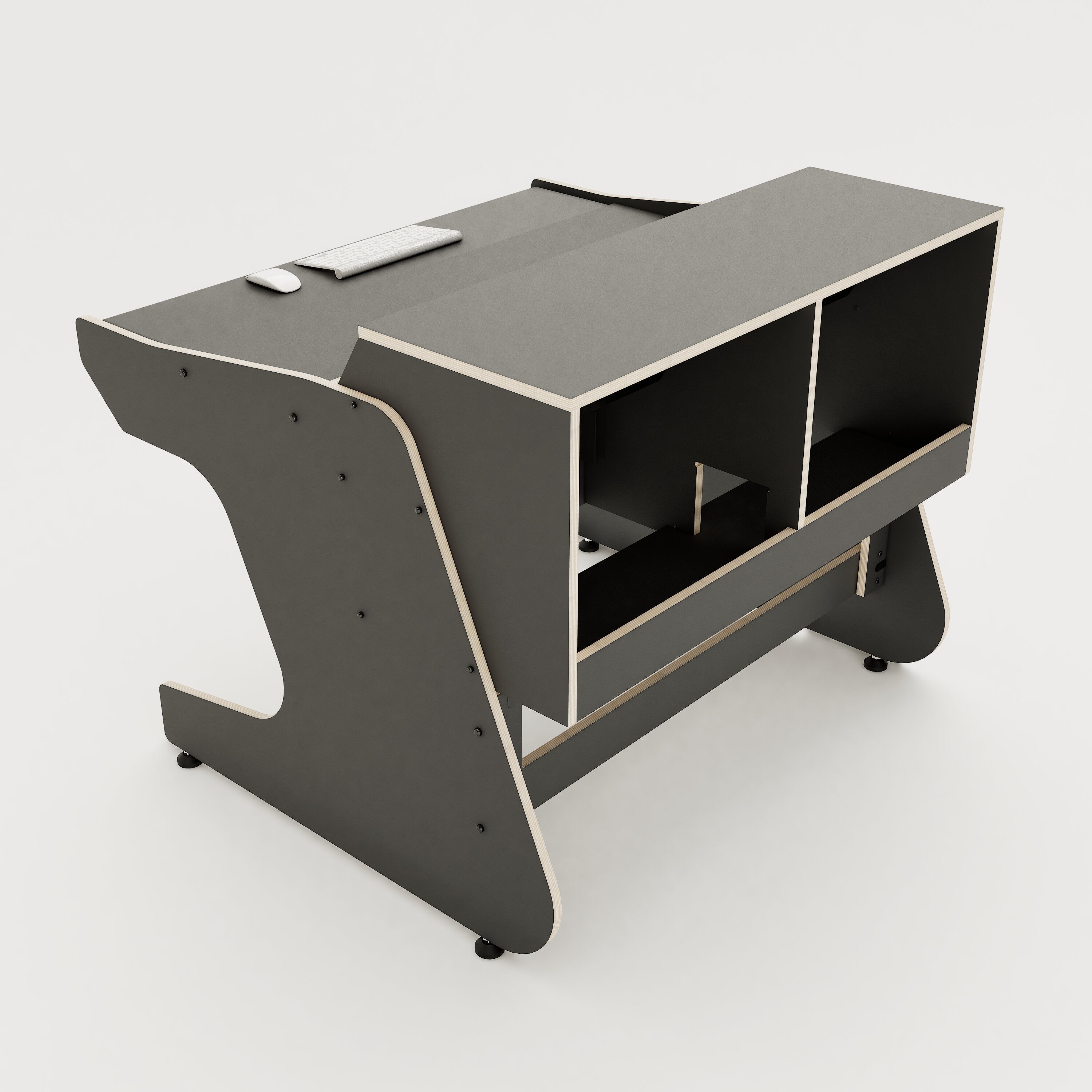 Rear view of the Callisto 222 studio desk with padded arm rest and 2x 2 rack units on the desktop. Integrated cable management. Black with expressed plywood edge.