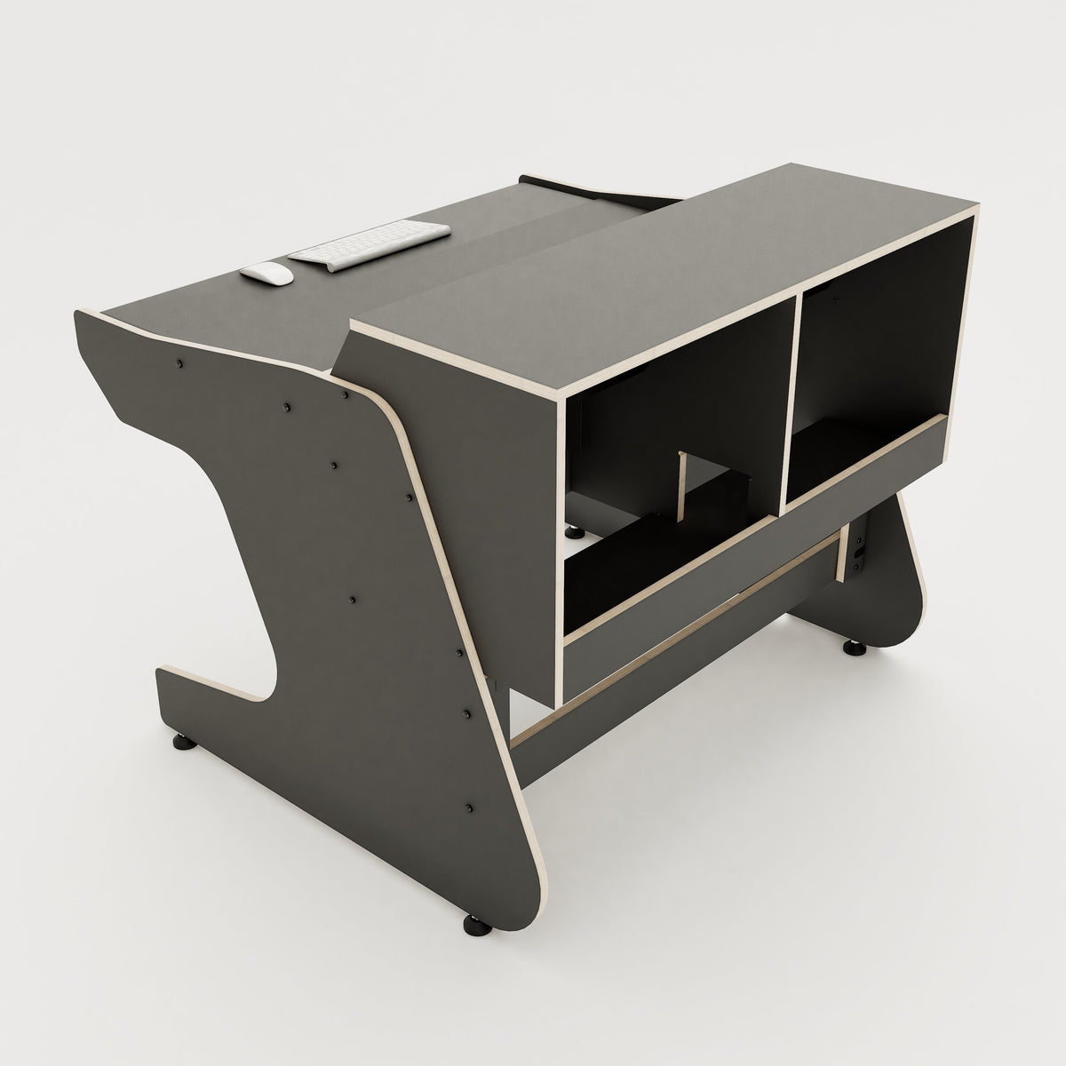 Rear view of the Callisto 222 studio desk with padded arm rest and 2x 2 rack units on the desktop. Integrated cable management. Black with expressed plywood edge.