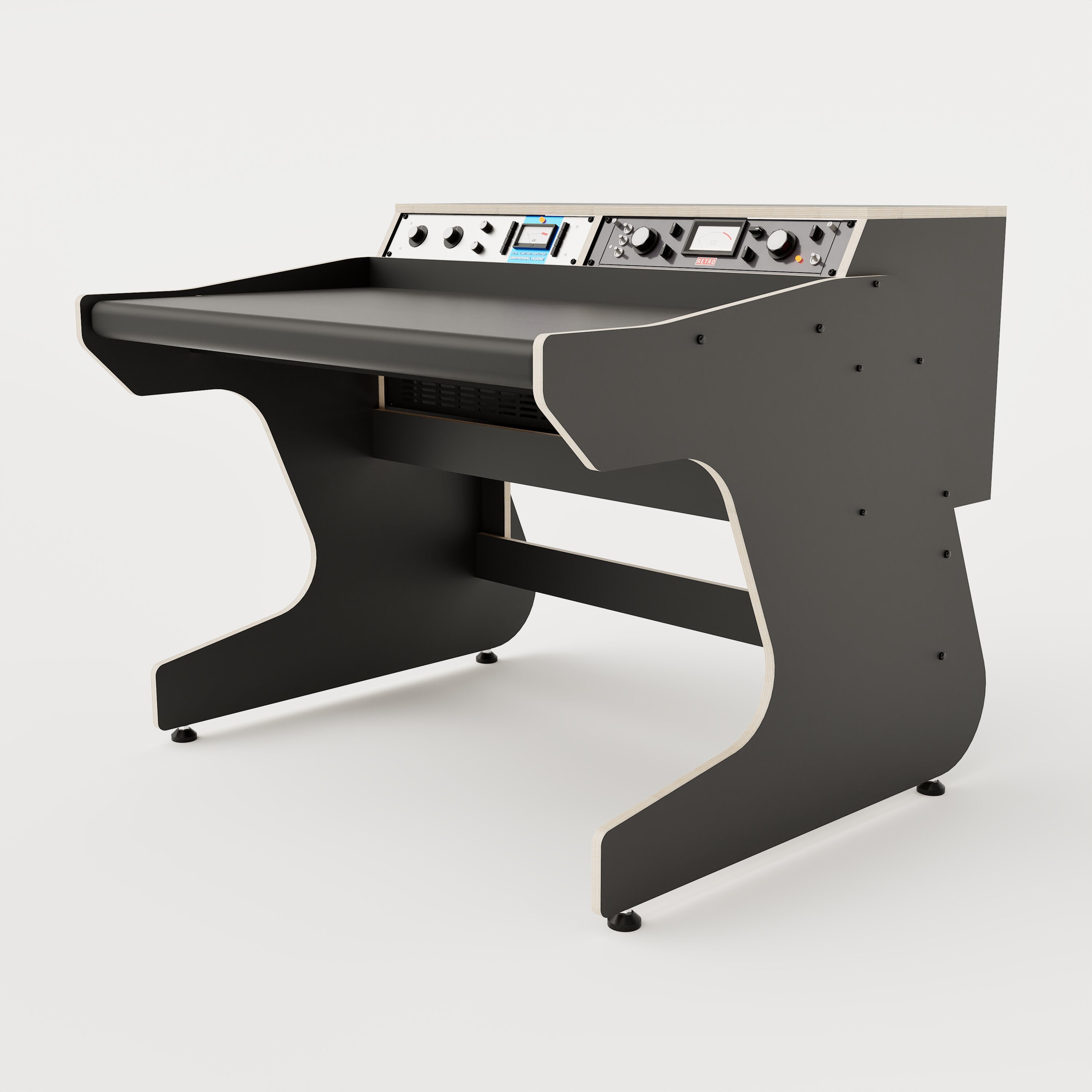 Right side view of the Callisto 222 studio desk with padded arm rest and 2x 2 rack units on the desktop. Integrated cable management. Black with expressed plywood edge.