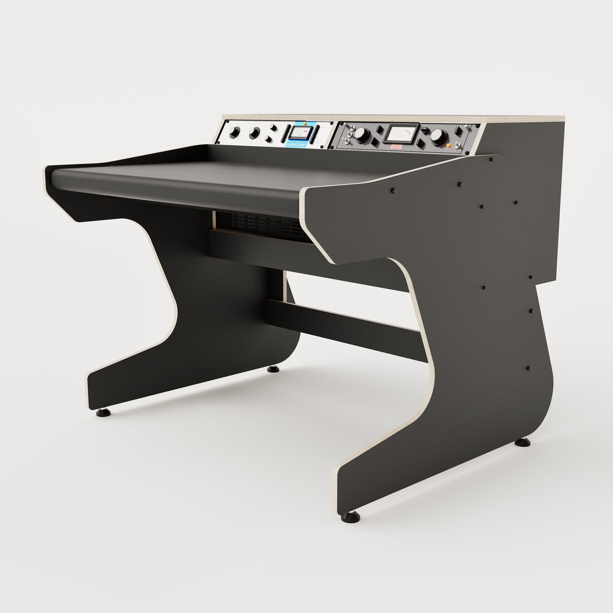 Right side view of the Callisto 222 studio desk with padded arm rest and 2x 2 rack units on the desktop. Integrated cable management. Black with expressed plywood edge.