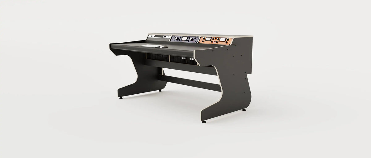 Wide angle view of the Callisto 332 studio desk with padded arm rest and 3x 2 rack units on the desktop. Integrated cable management. Black with expressed plywood edge.