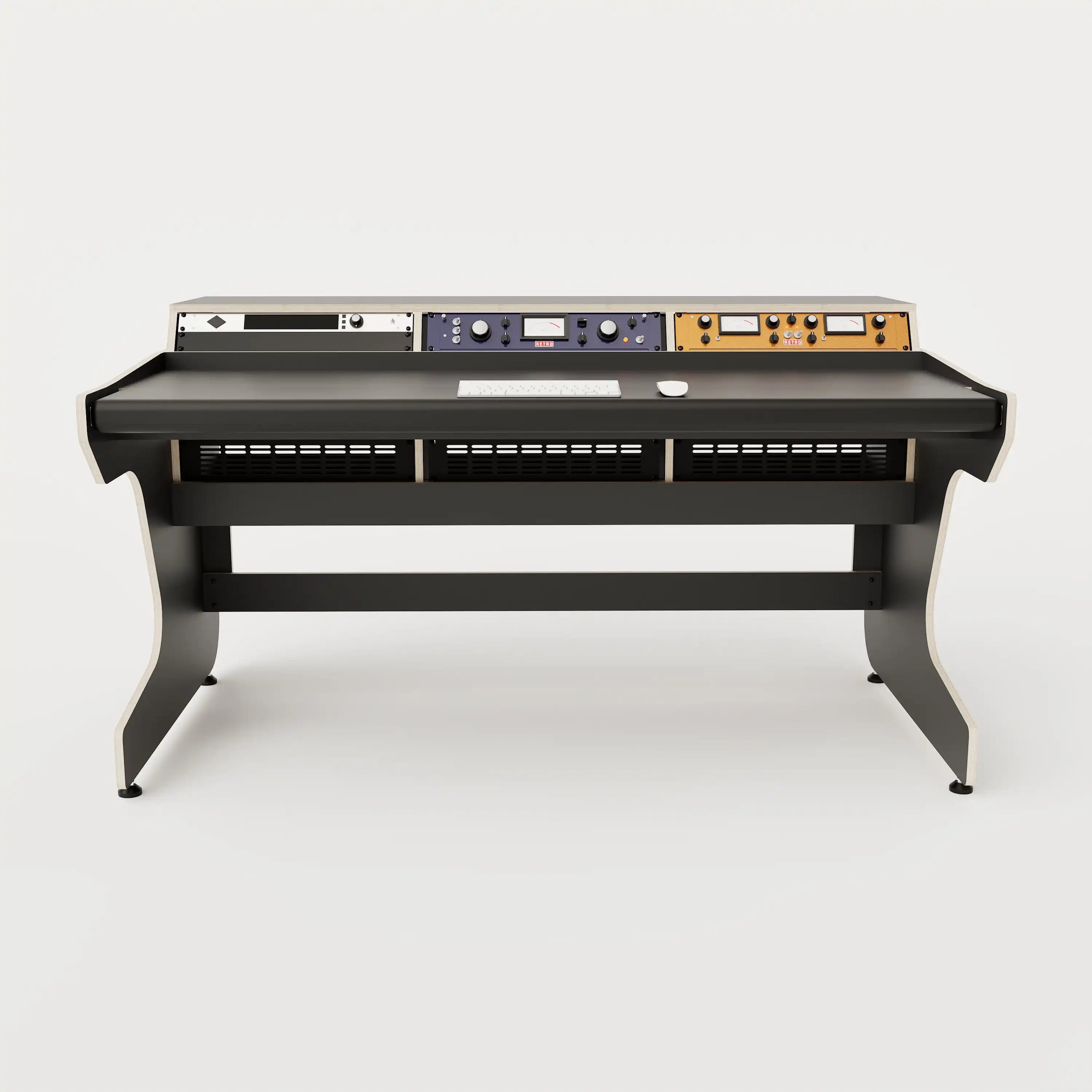 Front angle view of the Callisto 332 studio desk with padded arm rest and 3x 2 rack units on the desktop. Integrated cable management. Black with expressed plywood edge.