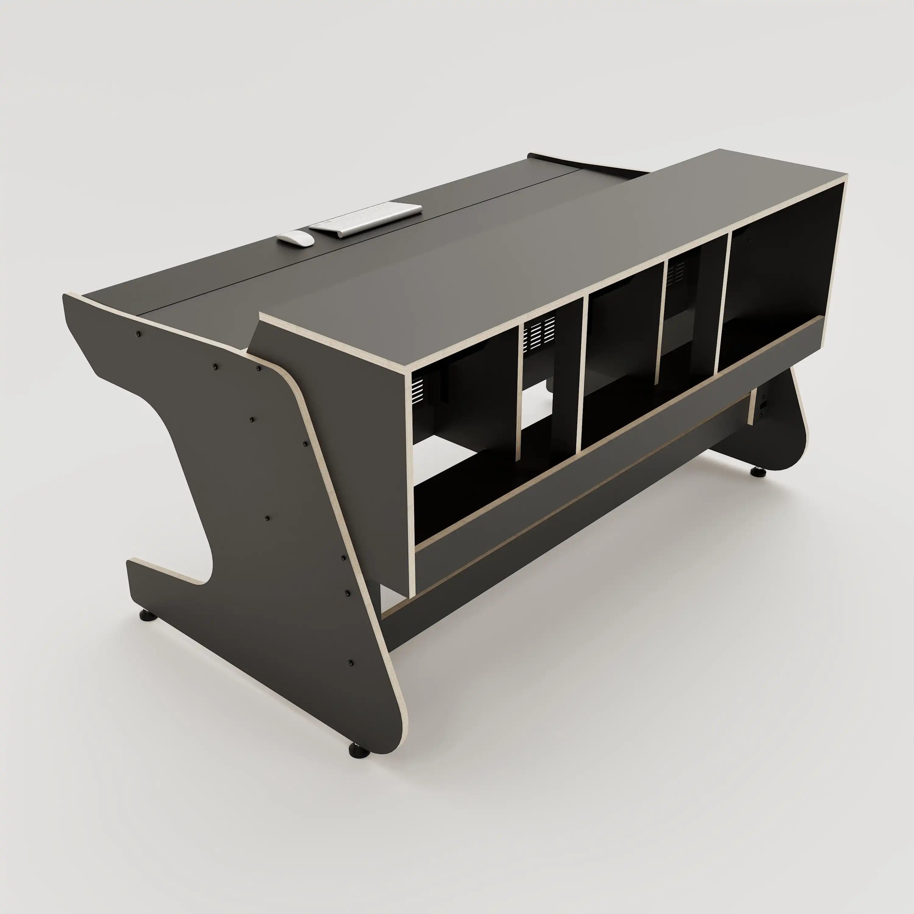Rear view of the Callisto 332 studio desk with padded arm rest and 3x 2 rack units on the desktop. Integrated cable management. Black with expressed plywood edge.