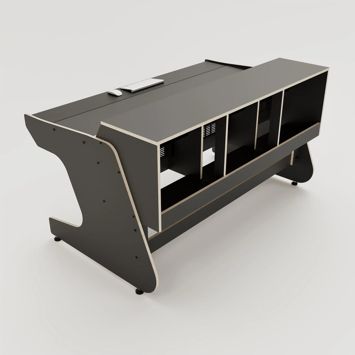Rear view of the Callisto 332 studio desk with padded arm rest and 3x 2 rack units on the desktop. Integrated cable management. Black with expressed plywood edge.