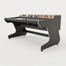 Right side view of the Callisto 332 studio desk with padded arm rest and 3x 2 rack units on the desktop. Integrated cable management. Black with expressed plywood edge.