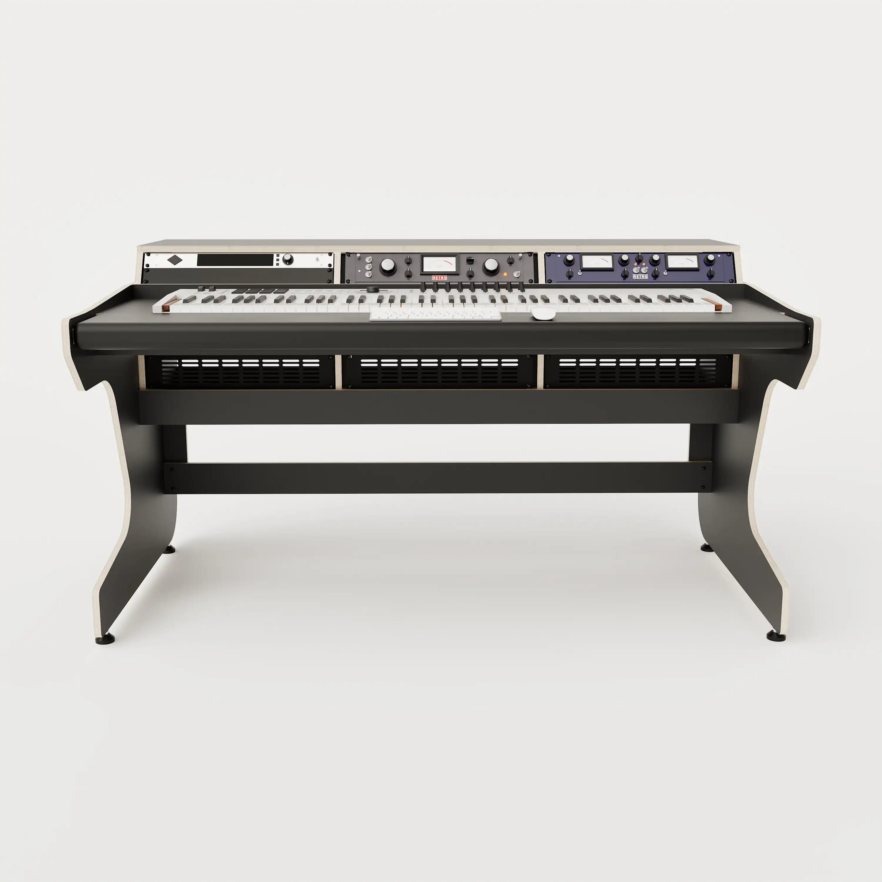 Front view of the Callisto 332 studio desk for keyboards with padded arm rest and 3x 2 rack units on the desktop. Integrated cable management. Black with expressed plywood edge.