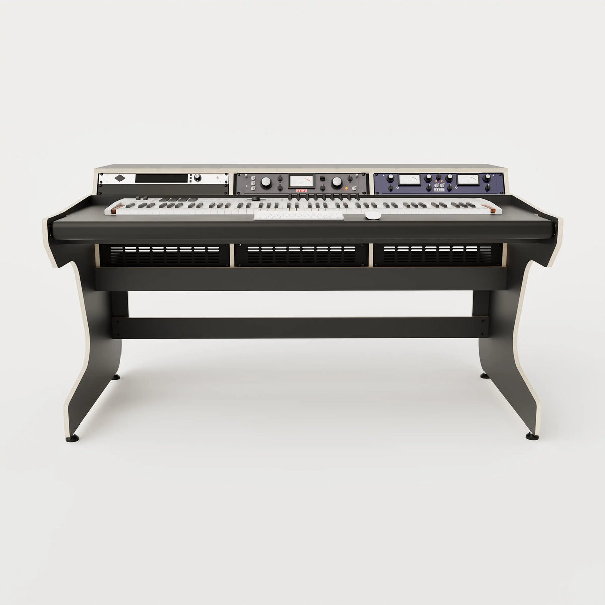Front view of the Callisto 332 studio desk for keyboards with padded arm rest and 3x 2 rack units on the desktop. Integrated cable management. Black with expressed plywood edge.