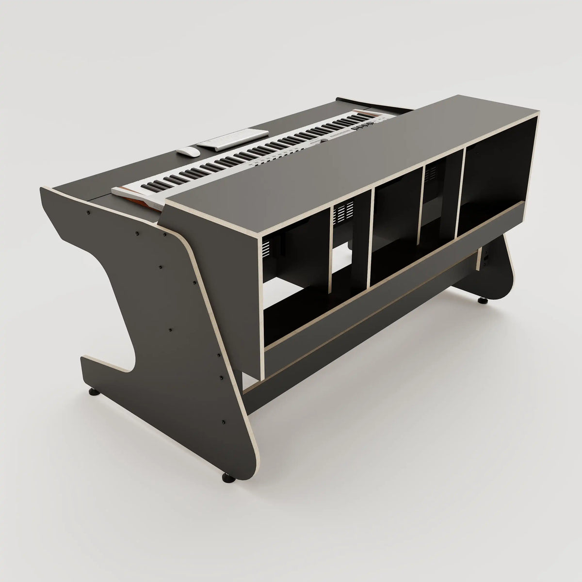 Rear view of the Callisto 332 studio desk for keyboards with padded arm rest and 3x 2 rack units on the desktop. Integrated cable management. Black with expressed plywood edge.