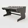 Right side view of the Callisto 332 studio desk for keyboards with padded arm rest and 3x 2 rack units on the desktop. Integrated cable management. Black with expressed plywood edge.