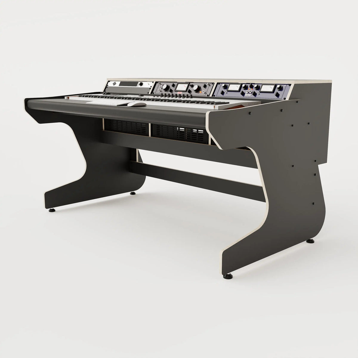 Right side view of the Callisto 332 studio desk for keyboards with padded arm rest and 3x 2 rack units on the desktop. Integrated cable management. Black with expressed plywood edge.