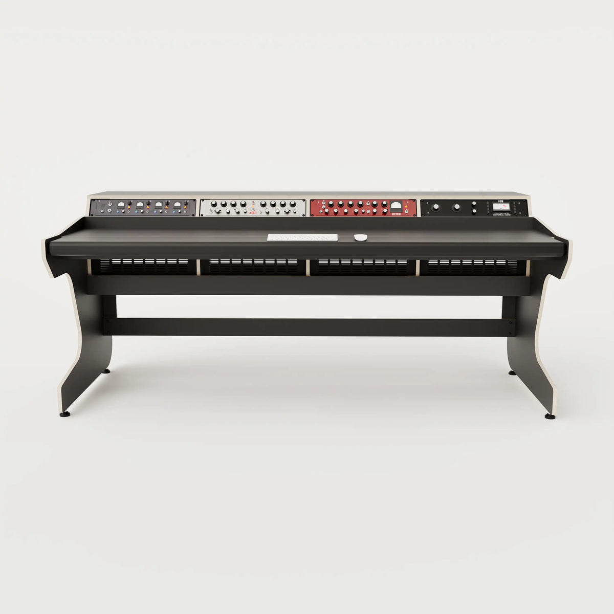 Front view of the Callisto 442 studio desk with padded arm rest and 4x 2 rack units on the desktop. Integrated cable management. Black with expressed plywood edge.