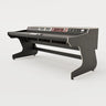 Right side view of the Callisto 442 studio desk with padded arm rest and 4x 2 rack units on the desktop. Integrated cable management. Black with expressed plywood edge.