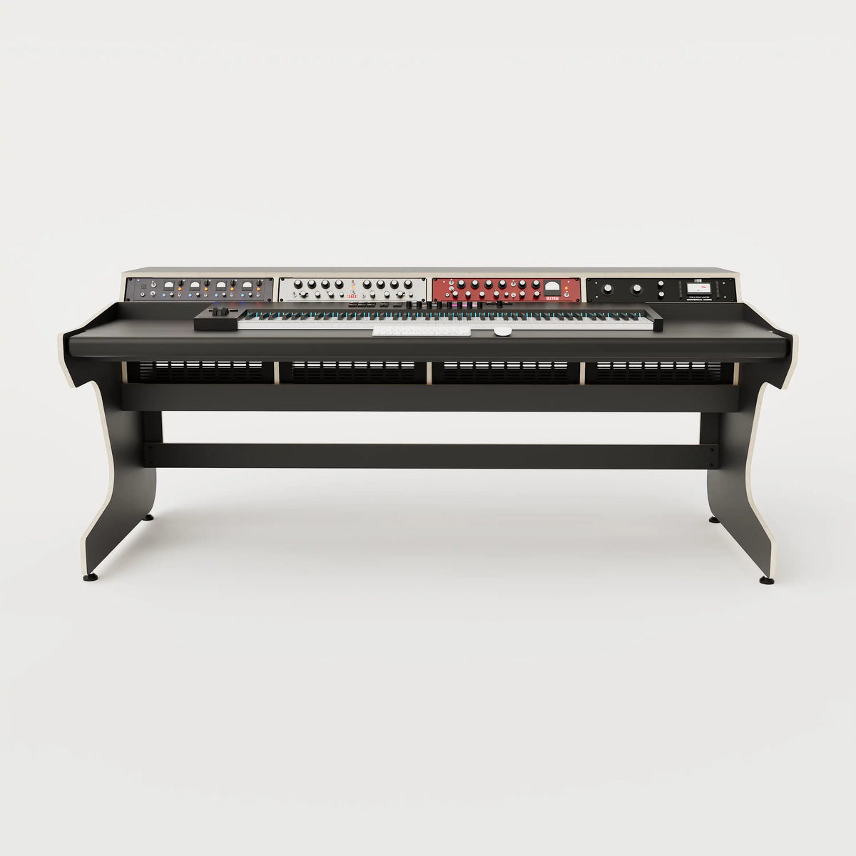 Front view of the Callisto 442 studio desk for Keyboards with padded arm rest and 4x 2 rack units on the desktop. Integrated cable management. Black with expressed plywood edge.