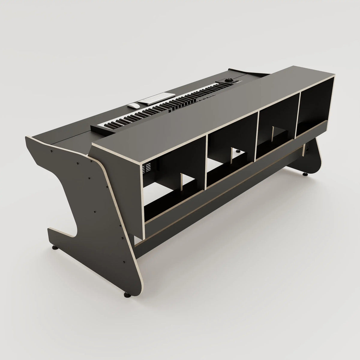 Rear view of the Callisto 442 studio desk for Keyboards with padded arm rest and 4x 2 rack units on the desktop. Integrated cable management. Black with expressed plywood edge.
