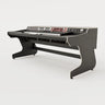 Right side view of the Callisto 442 studio desk for Keyboards with padded arm rest and 4x 2 rack units on the desktop. Integrated cable management. Black with expressed plywood edge.