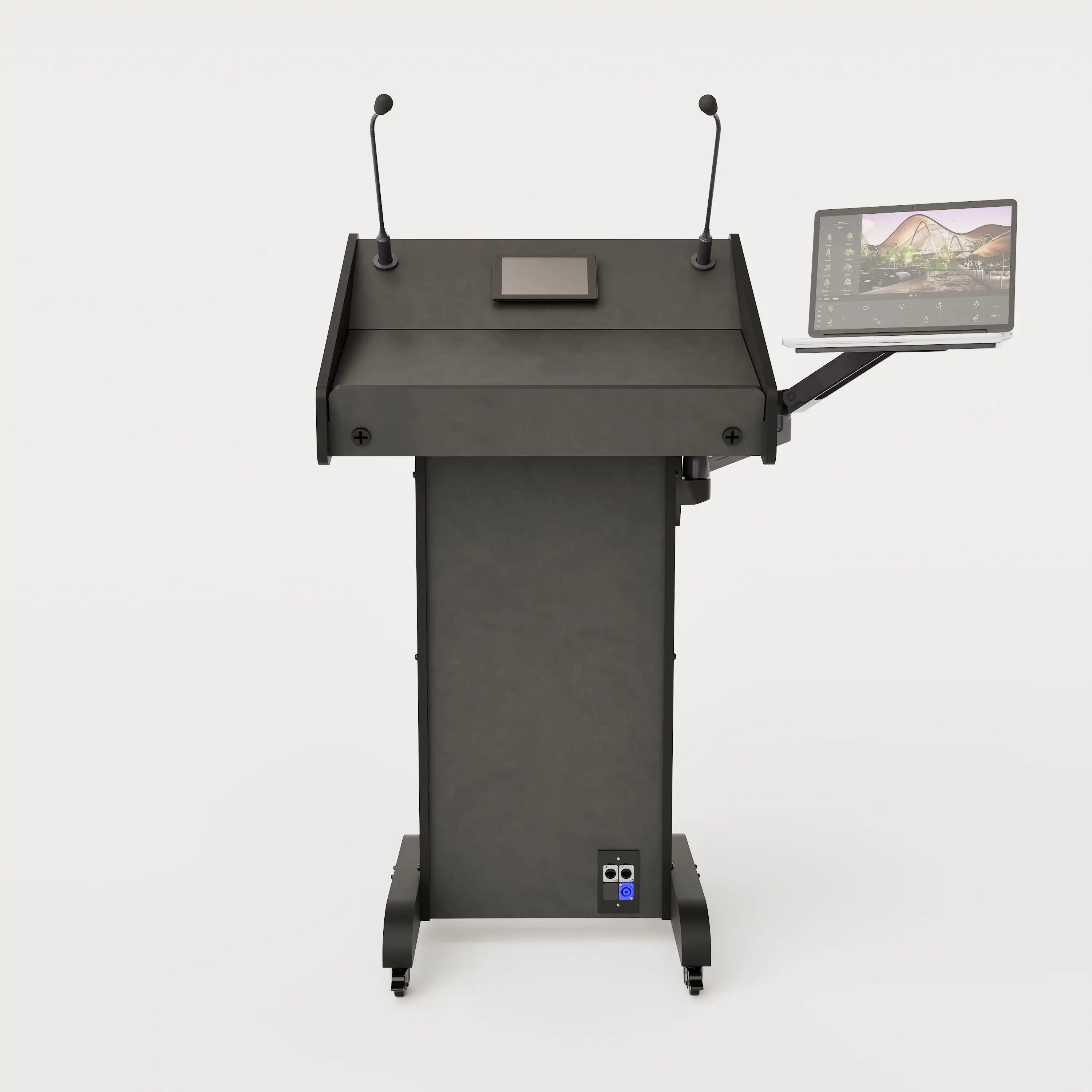 Front view of Lectern 1. Showing gooseneck mics, touch screen controller, laptop arm and tray, lower audio visual connection plate. Black edge banded finish.