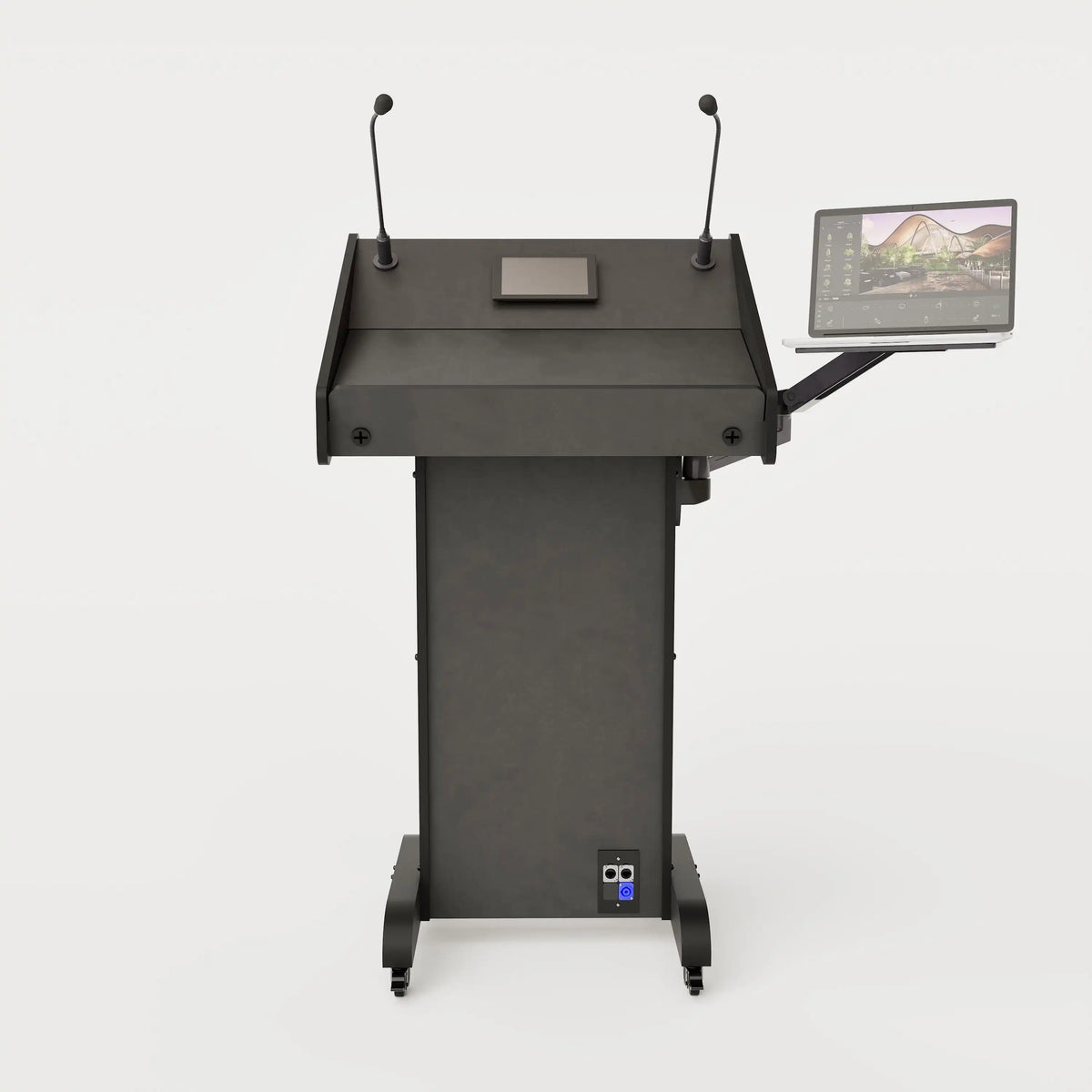 Front view of Lectern 1. Showing gooseneck mics, touch screen controller, laptop arm and tray, lower audio visual connection plate. Black edge banded finish.