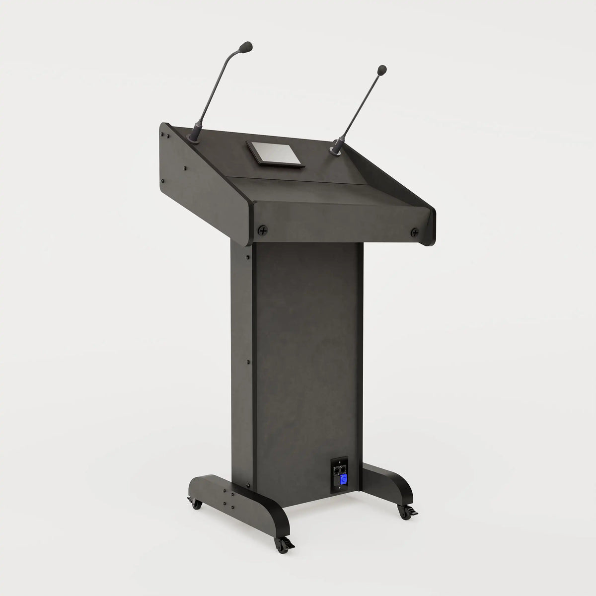 Left side view of Lectern 1. Showing gooseneck mics, touch screen controller, lower audio visual connection plate. Black edge banded finish.