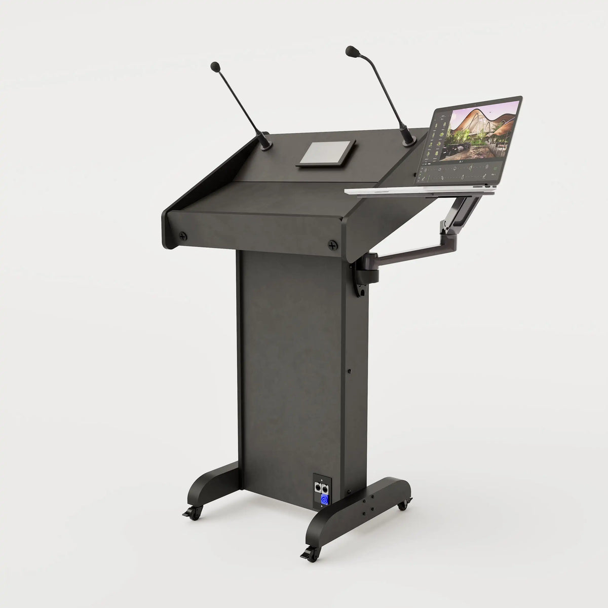 Right side view of Lectern 1. Showing gooseneck mics, touch screen controller, laptop arm and tray, lower audio visual connection plate. Black edge banded finish.