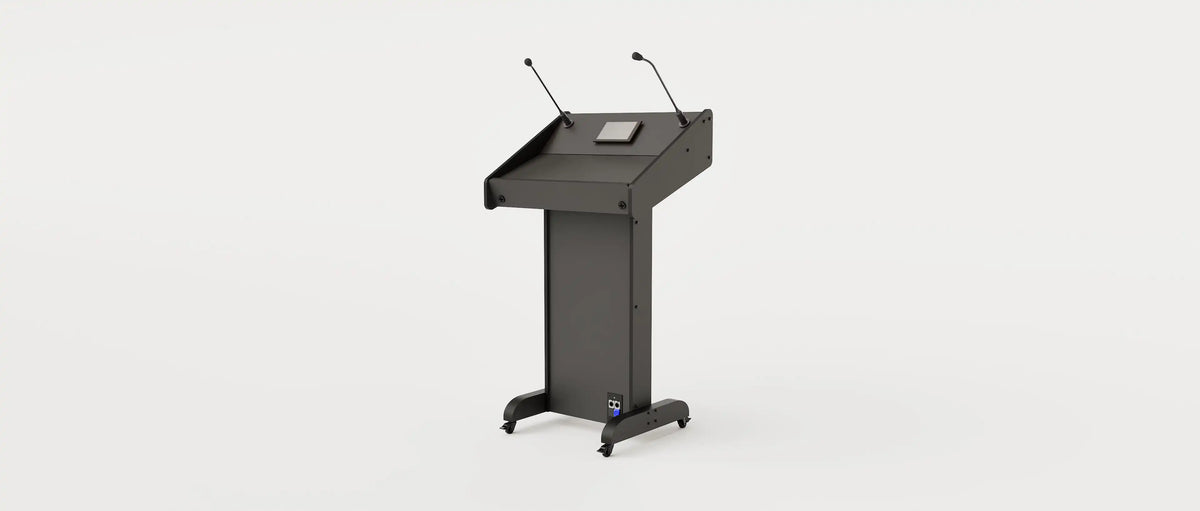 Wide angle right view of Lectern 1. Showing gooseneck mics, touch screen controller, lower audio visual connection plate. Black edge banded finish.