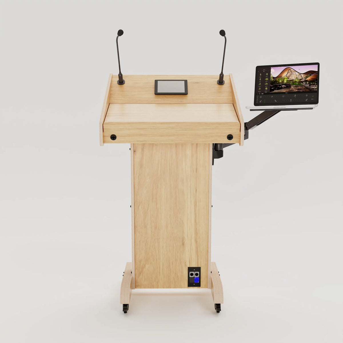 Front view of Lectern 1. Showing gooseneck mics, touch screen controller, laptop arm and tray, lower audio visual connection plate. Natural grain with expressed plywood edge.