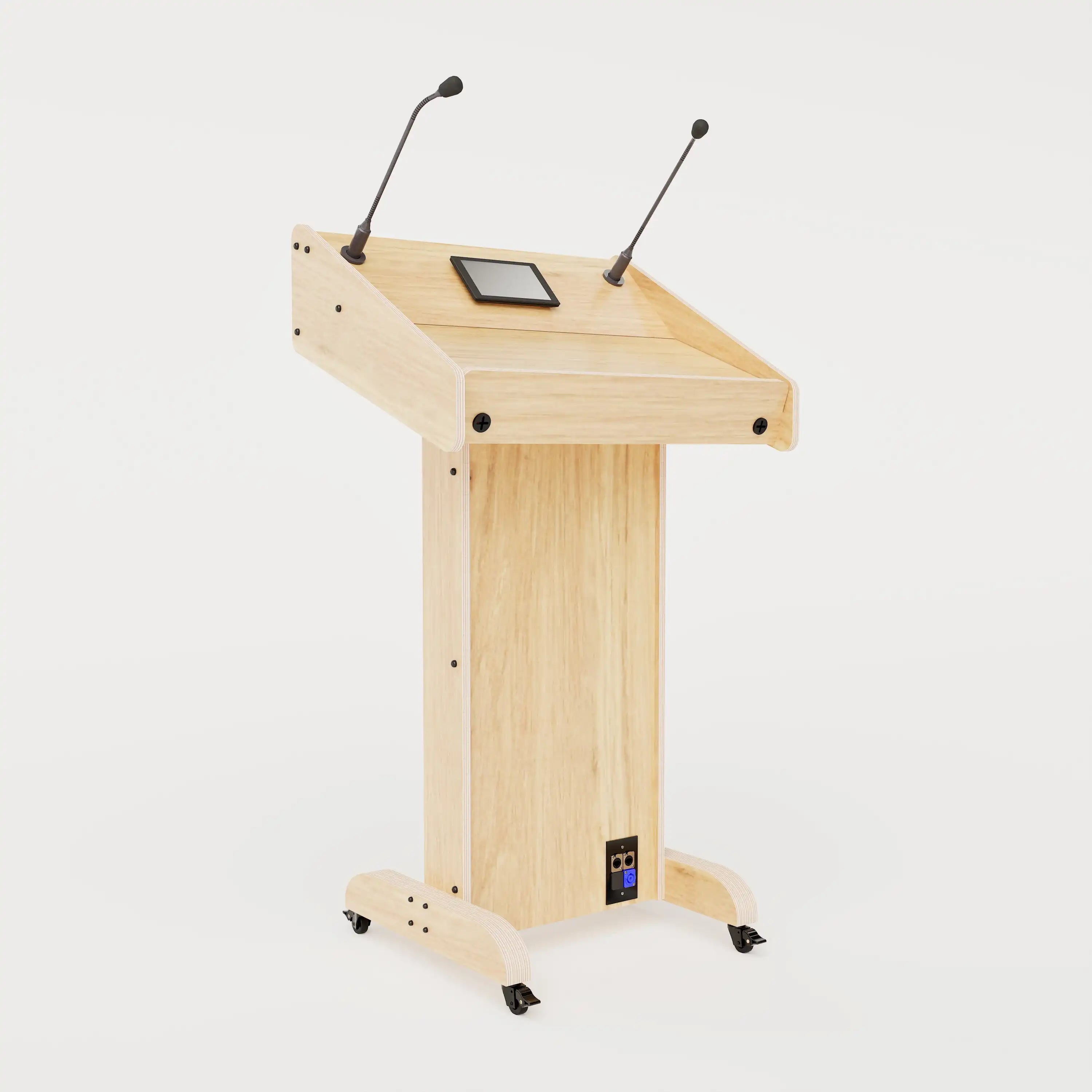 Left side view of Lectern 1. Showing gooseneck mics, touch screen controller, lower audio visual connection plate. Natural grain with expressed plywood edge.