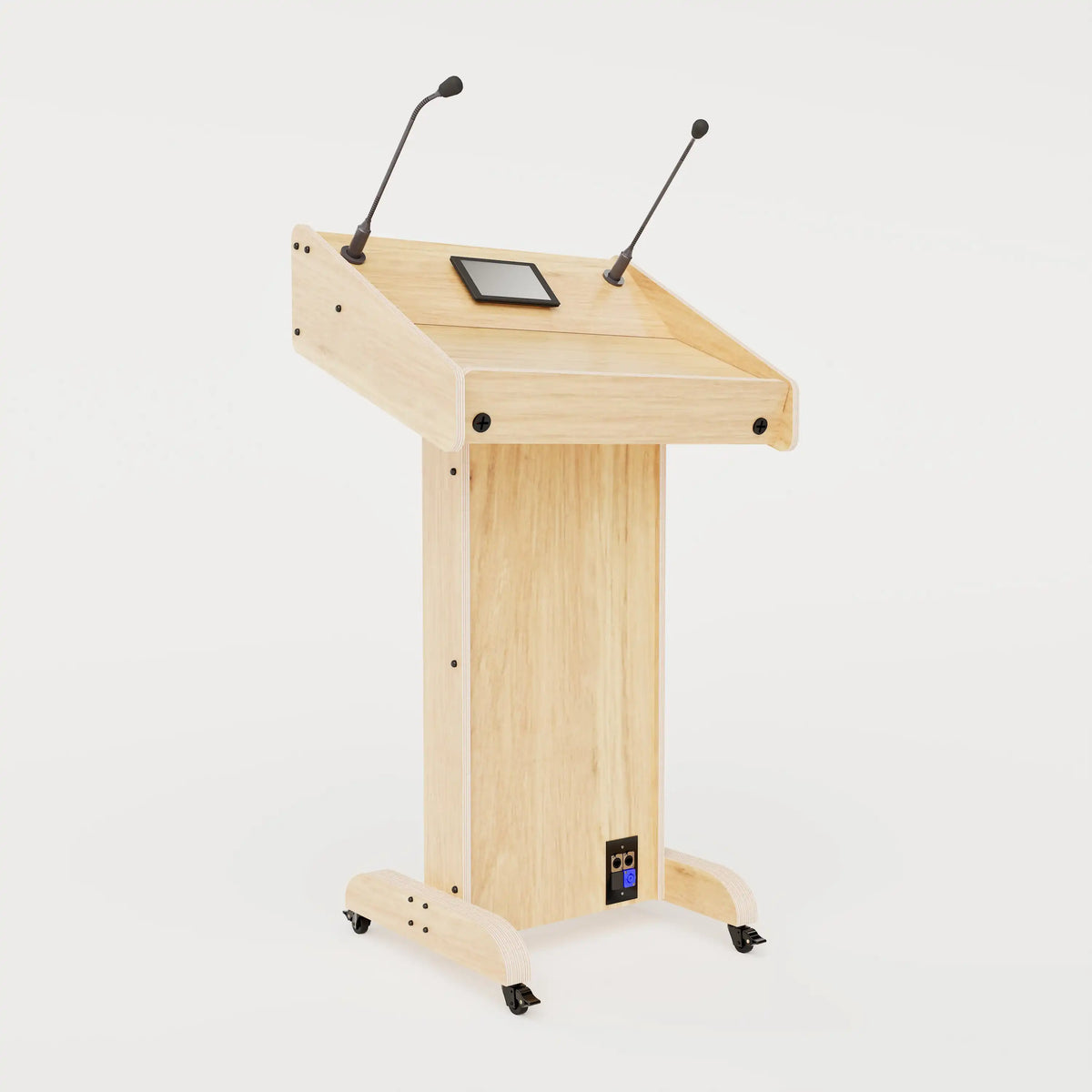 Left side view of Lectern 1. Showing gooseneck mics, touch screen controller, lower audio visual connection plate. Natural grain with expressed plywood edge.