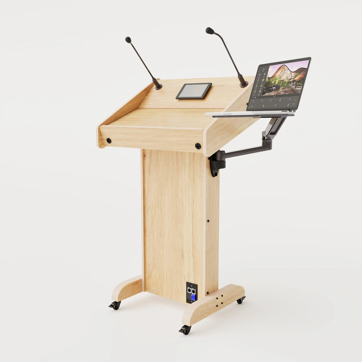 Right side view of Lectern 1. Showing gooseneck mics, touch screen controller, laptop arm and tray, lower audio visual connection plate. Natural grain with expressed plywood edge.