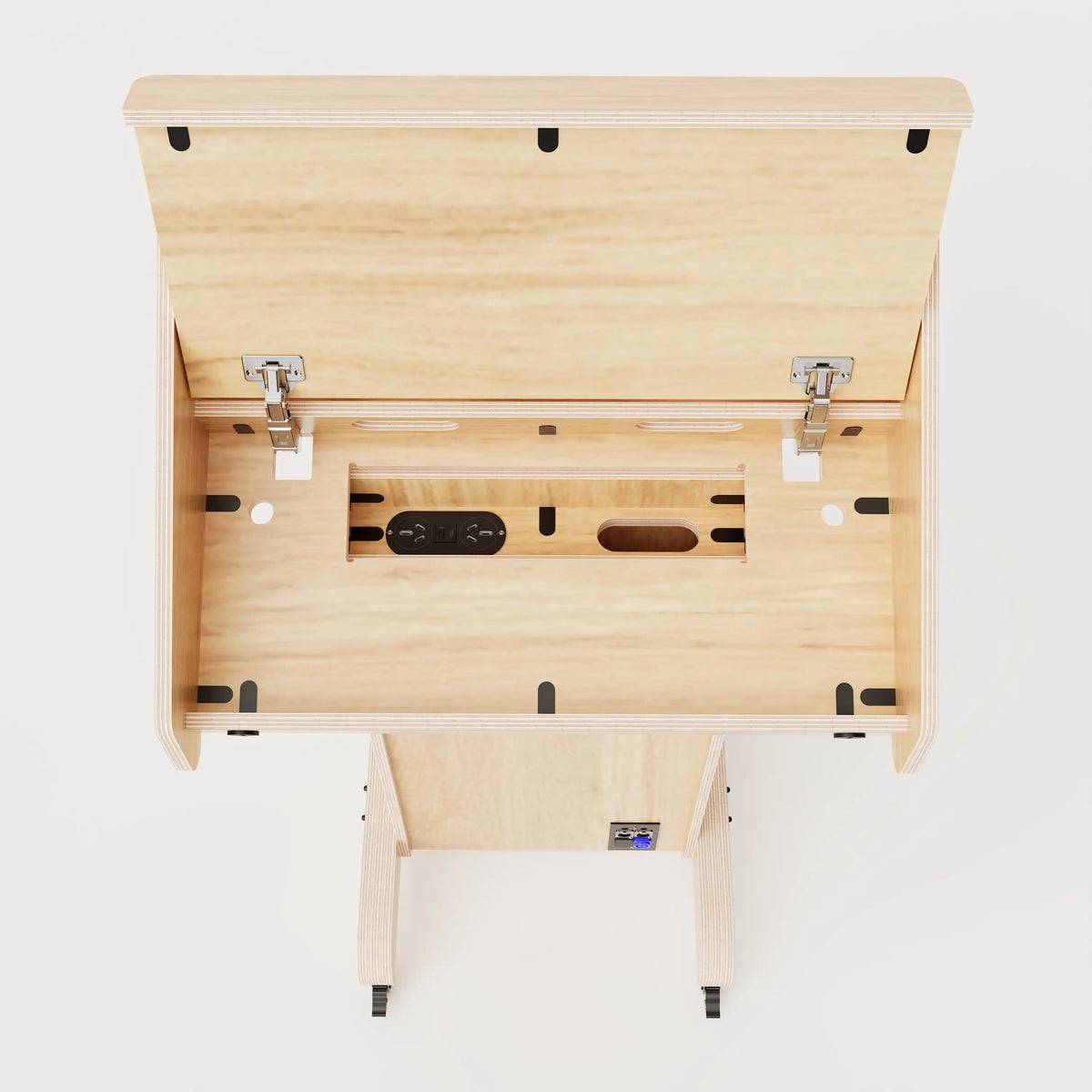 Top view of Lectern 1. Showing open hinged  worktop, double general power outlet with USB-C and USB-A. Lower audio visual connection plate. Natural grain with expressed plywood edge.