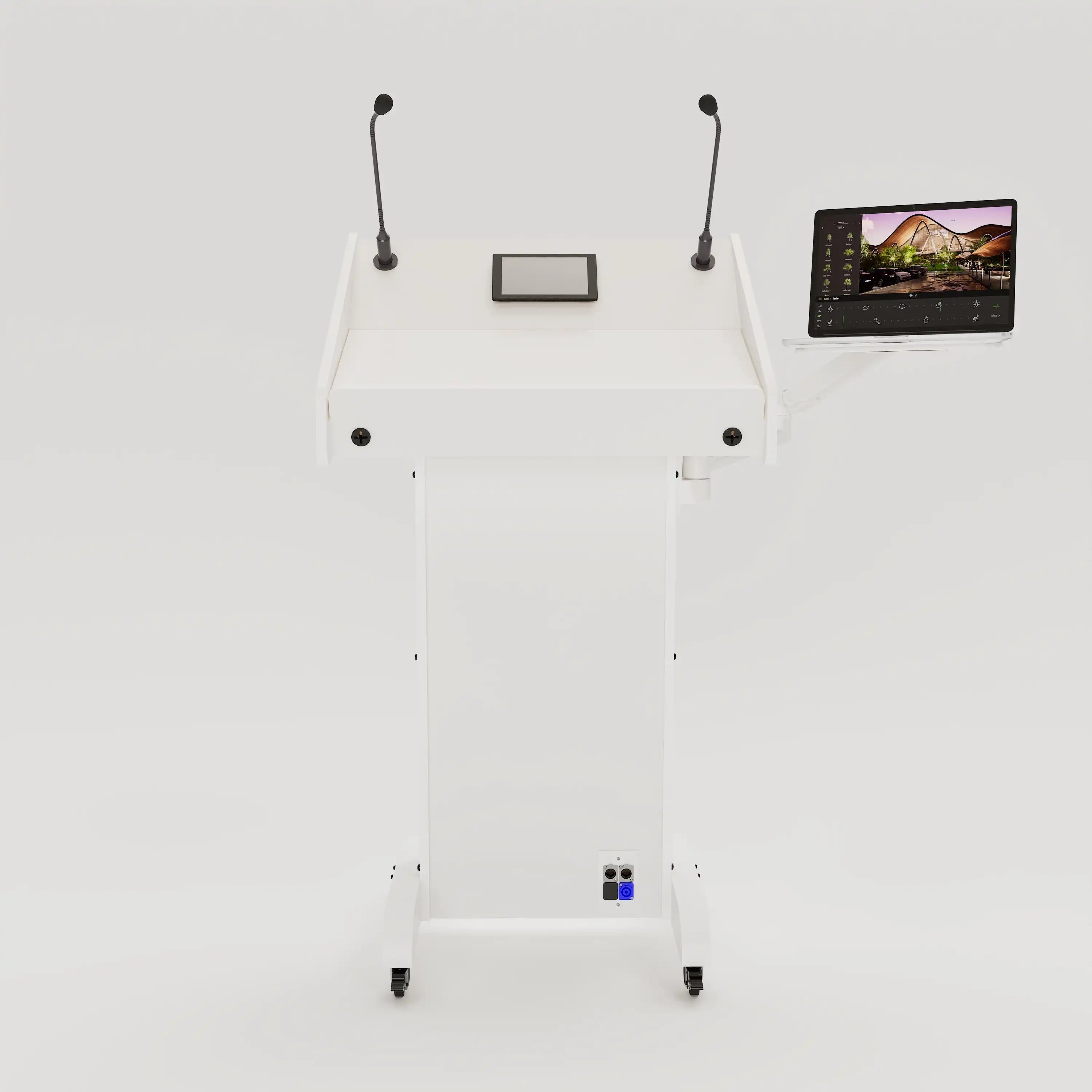 Front view of Lectern 1. Showing gooseneck mics, touch screen controller, laptop arm and tray, lower audio visual connection plate. White edge banded finish.