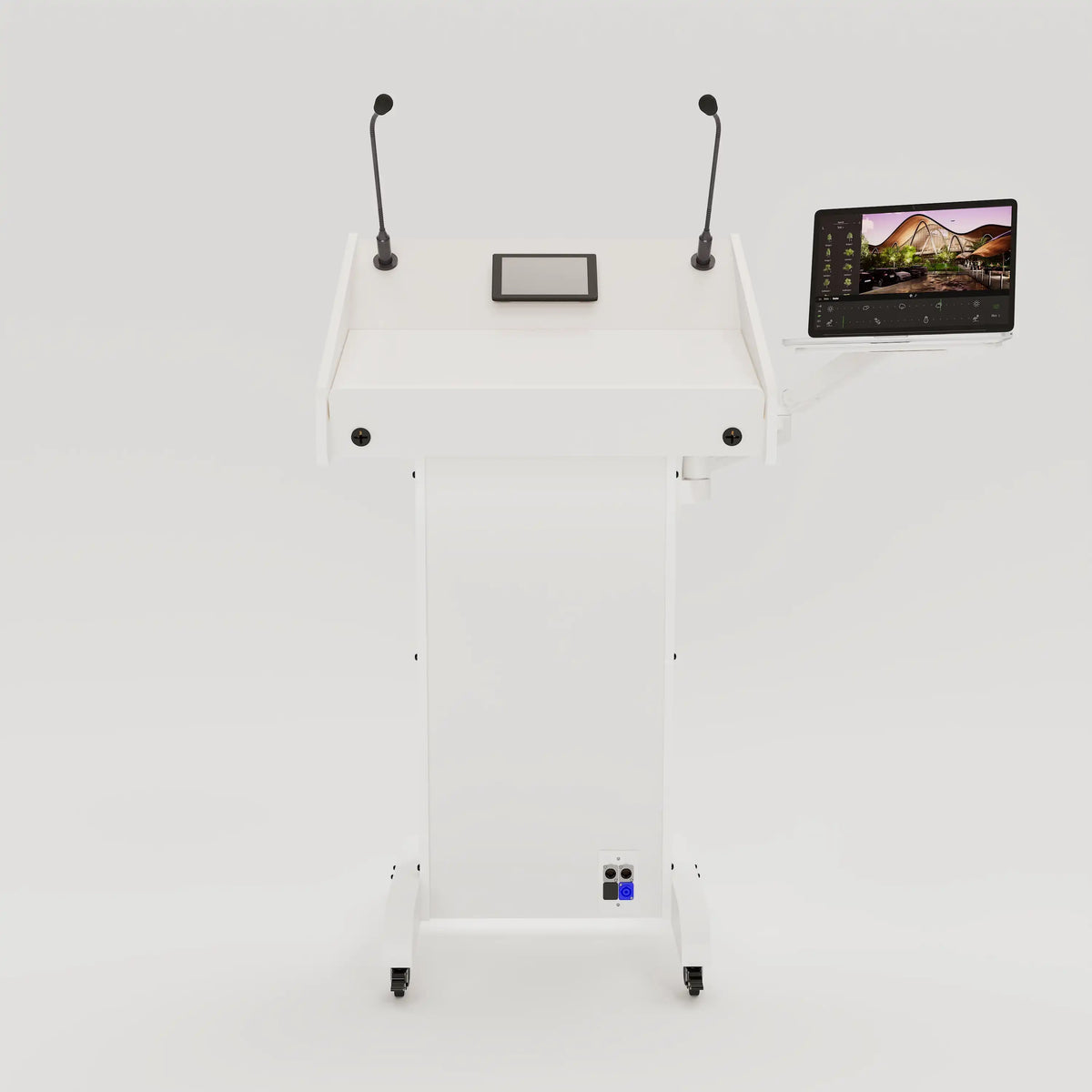 Front view of Lectern 1. Showing gooseneck mics, touch screen controller, laptop arm and tray, lower audio visual connection plate. White edge banded finish.