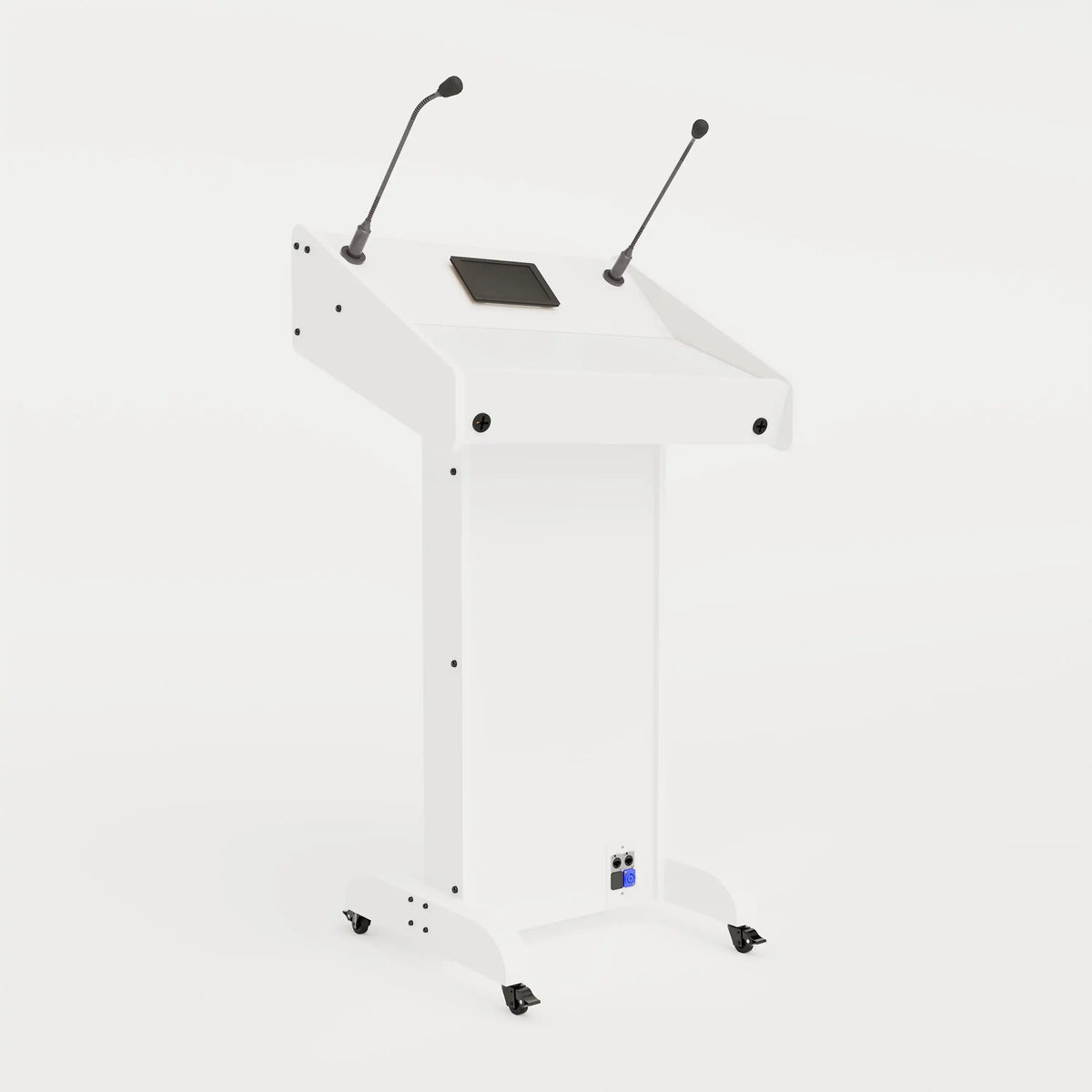 Left view of Lectern 1. Showing gooseneck mics, touch screen controller, laptop arm and tray, lower audio visual connection plate. White edge banded finish.