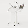 Right view of Lectern 1. Showing gooseneck mics, touch screen controller, laptop arm and tray, lower audio visual connection plate. White edge banded finish.