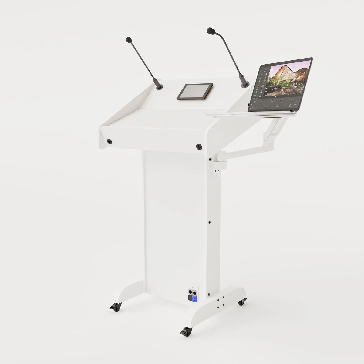 Right view of Lectern 1. Showing gooseneck mics, touch screen controller, laptop arm and tray, lower audio visual connection plate. White edge banded finish.