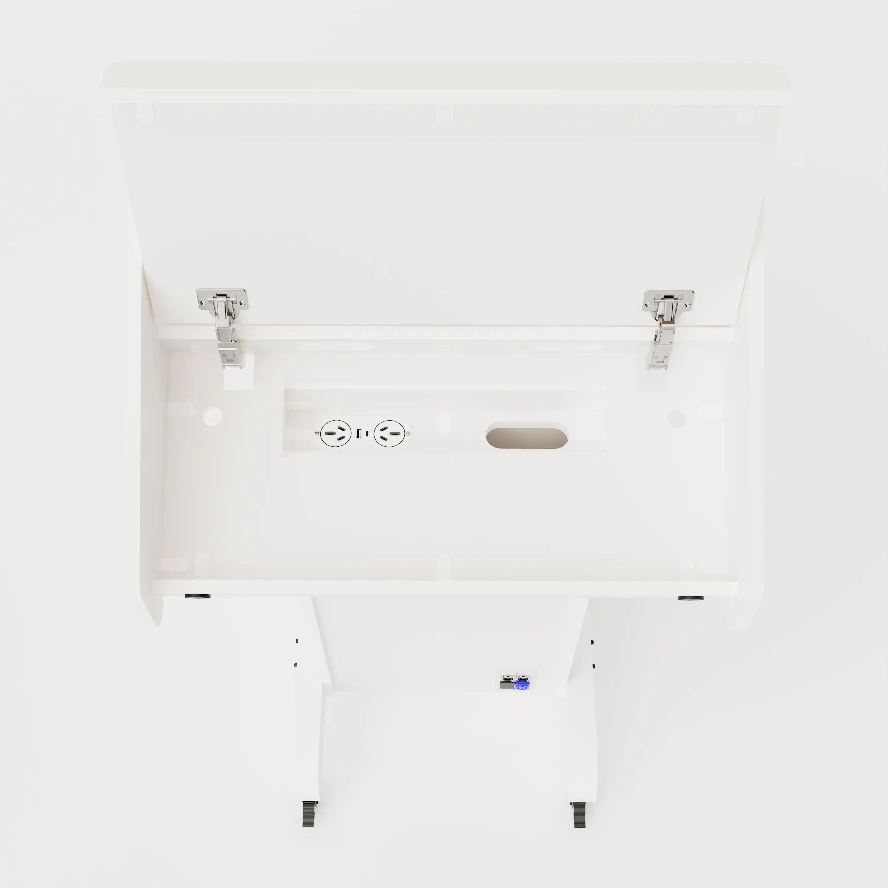Top view of Lectern 1. Showing gooseneck mics, touch screen controller, laptop arm and tray, lower audio visual connection plate. White edge banded finish.