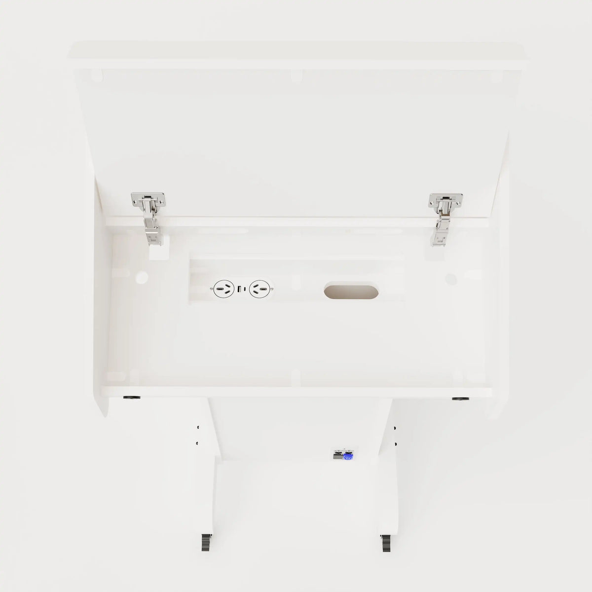 Top view of Lectern 1. Showing gooseneck mics, touch screen controller, laptop arm and tray, lower audio visual connection plate. White edge banded finish.