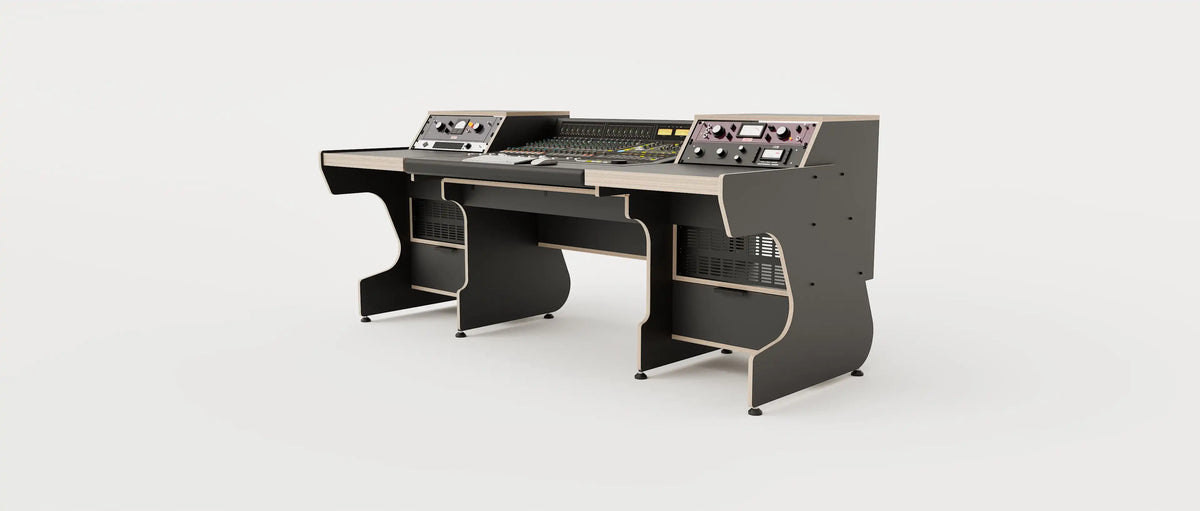 Wide angle view of the Middle Eight custom studio desk for audio consoles with 4x 4 rack units on the desktop and 4x 4 rack under the desktop. Two cabinets for storage. Black with expressed plywood edge. 