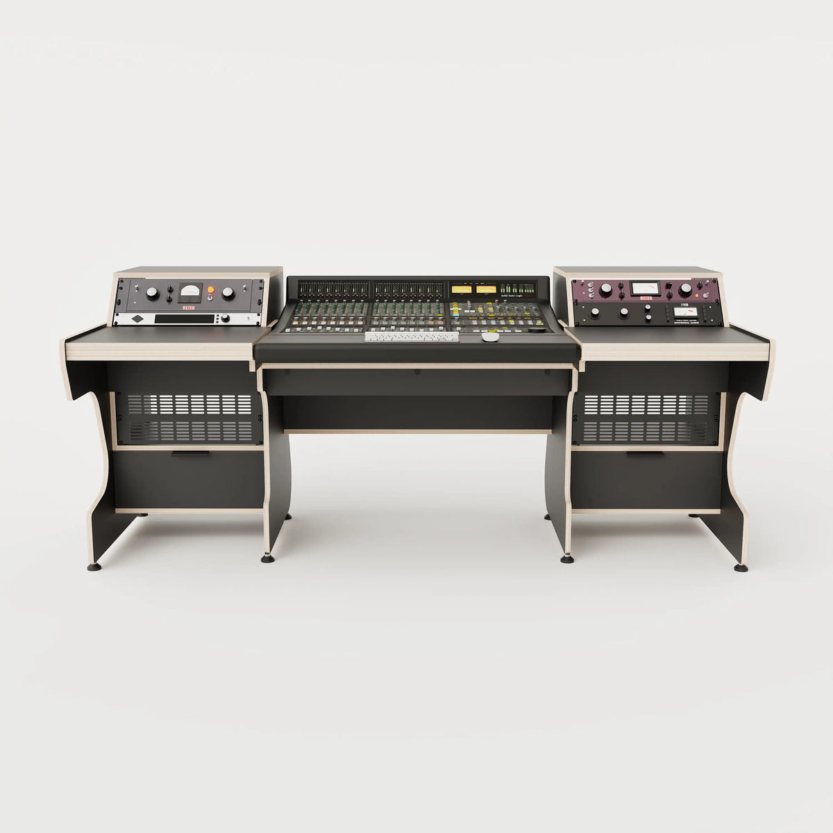 Front view of the Middle Eight custom studio desk for audio consoles with 4x 4 rack units on the desktop and 4x 4 rack under the desktop. Two cabinets for storage. Black with expressed plywood edge. 
