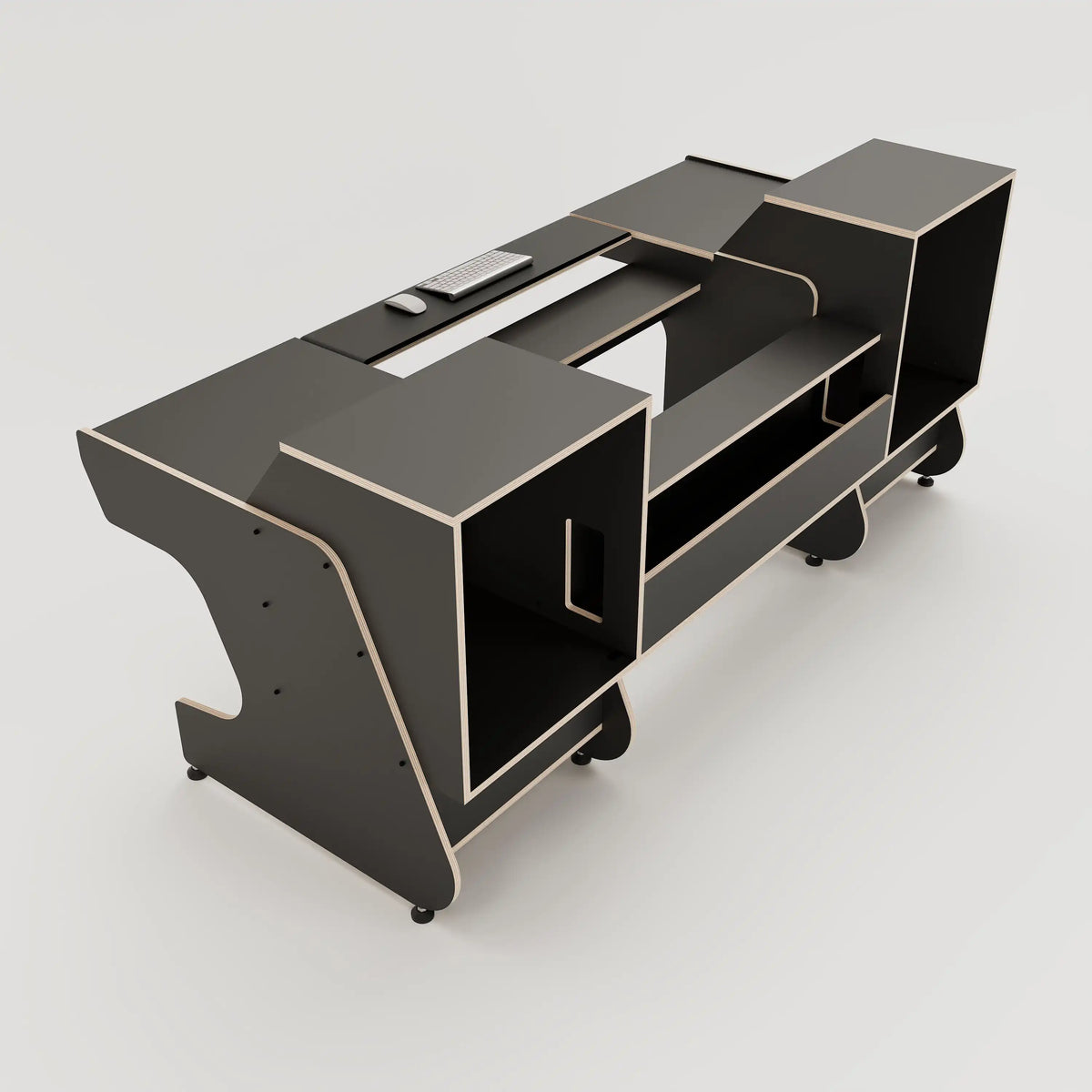 Rear view of the Middle Eight custom studio desk for audio consoles with 4x 4 rack units on the desktop and 4x 4 rack under the desktop. Two cabinets for storage. Black with expressed plywood edge. 