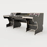 Right side view of the Middle Eight custom studio desk for audio consoles with 4x 4 rack units on the desktop and 4x 4 rack under the desktop. Two cabinets for storage. Black with expressed plywood edge. 