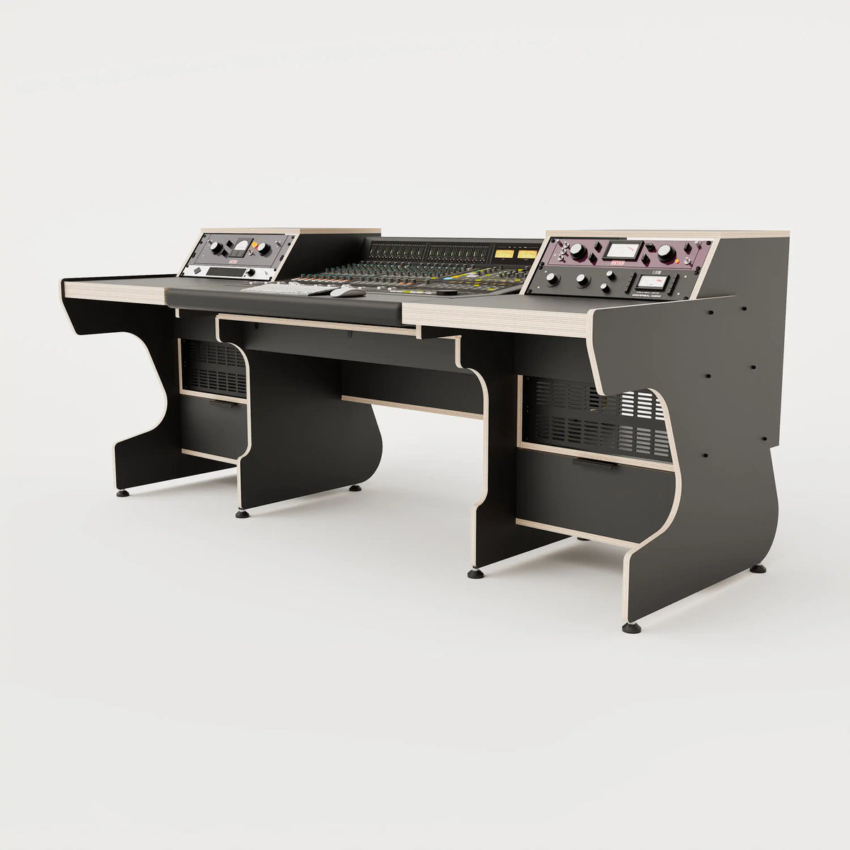 Right side view of the Middle Eight custom studio desk for audio consoles with 4x 4 rack units on the desktop and 4x 4 rack under the desktop. Two cabinets for storage. Black with expressed plywood edge. 