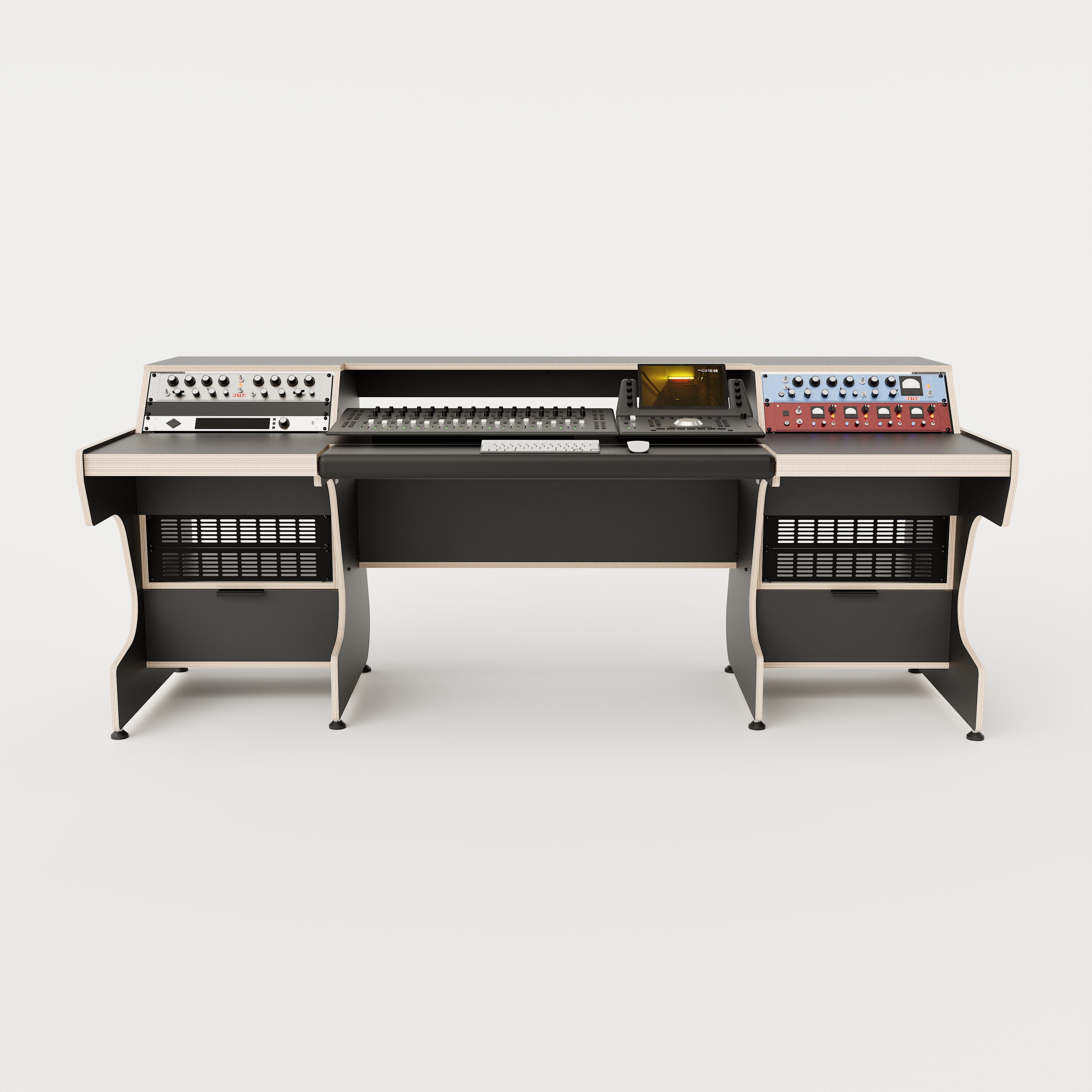 Front view of the Middle Eight custom studio desk with 4x 4 rack units on the desktop and 4x 4 rack under the desktop. Two cabinets for storage. Black with expressed plywood edge. 