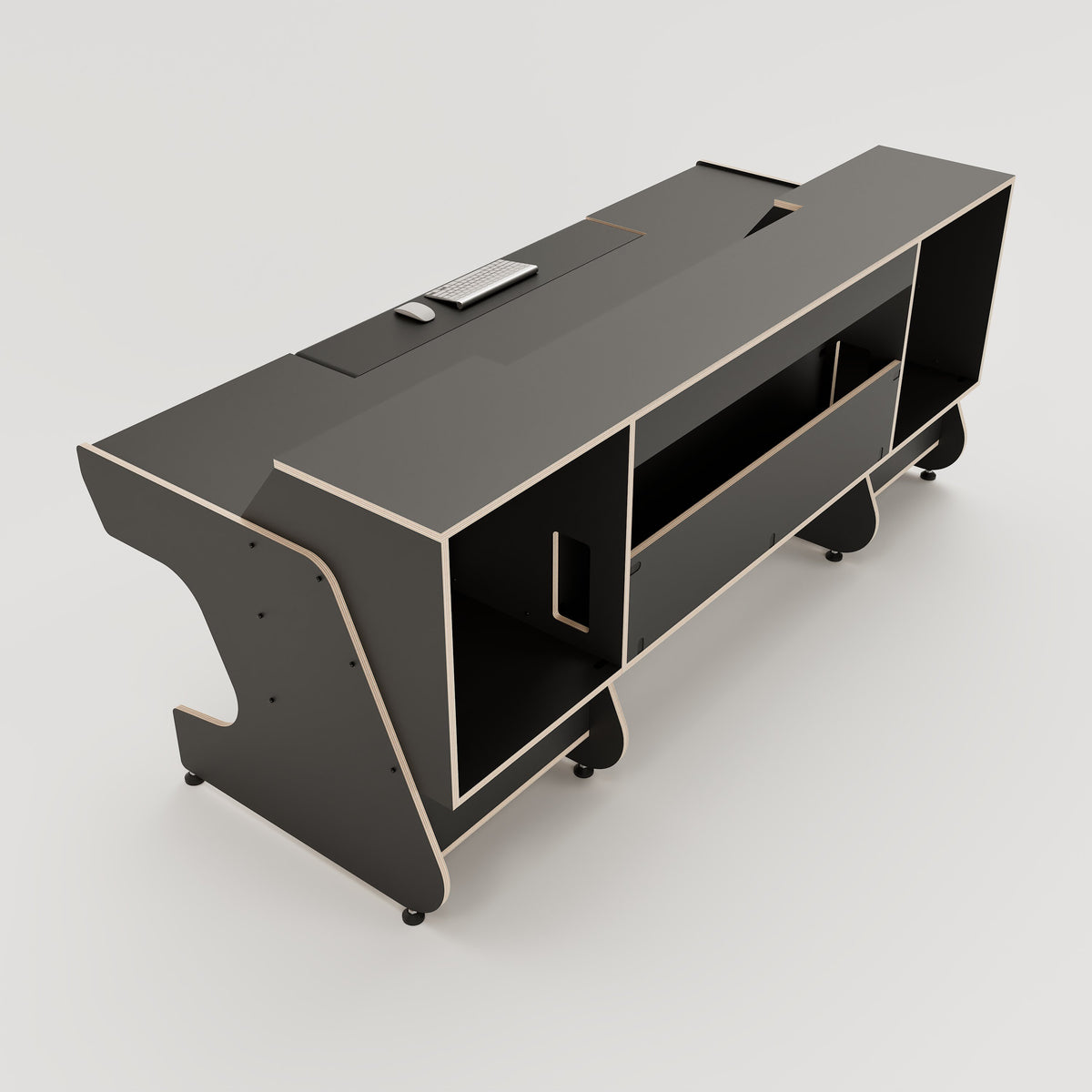 Rear view of the Middle Eight custom studio desk with 4x 4 rack units on the desktop and 4x 4 rack under the desktop. Two cabinets for storage. Black with expressed plywood edge. 