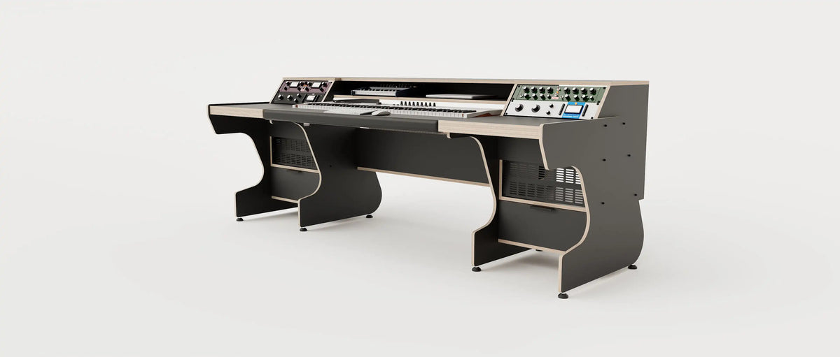 Wide angle view of the Middle Eight custom studio desk for keyboards with 4x 4 rack units on the desktop and 4x 4 rack under the desktop. Two cabinets for storage. Black with expressed plywood edge. 