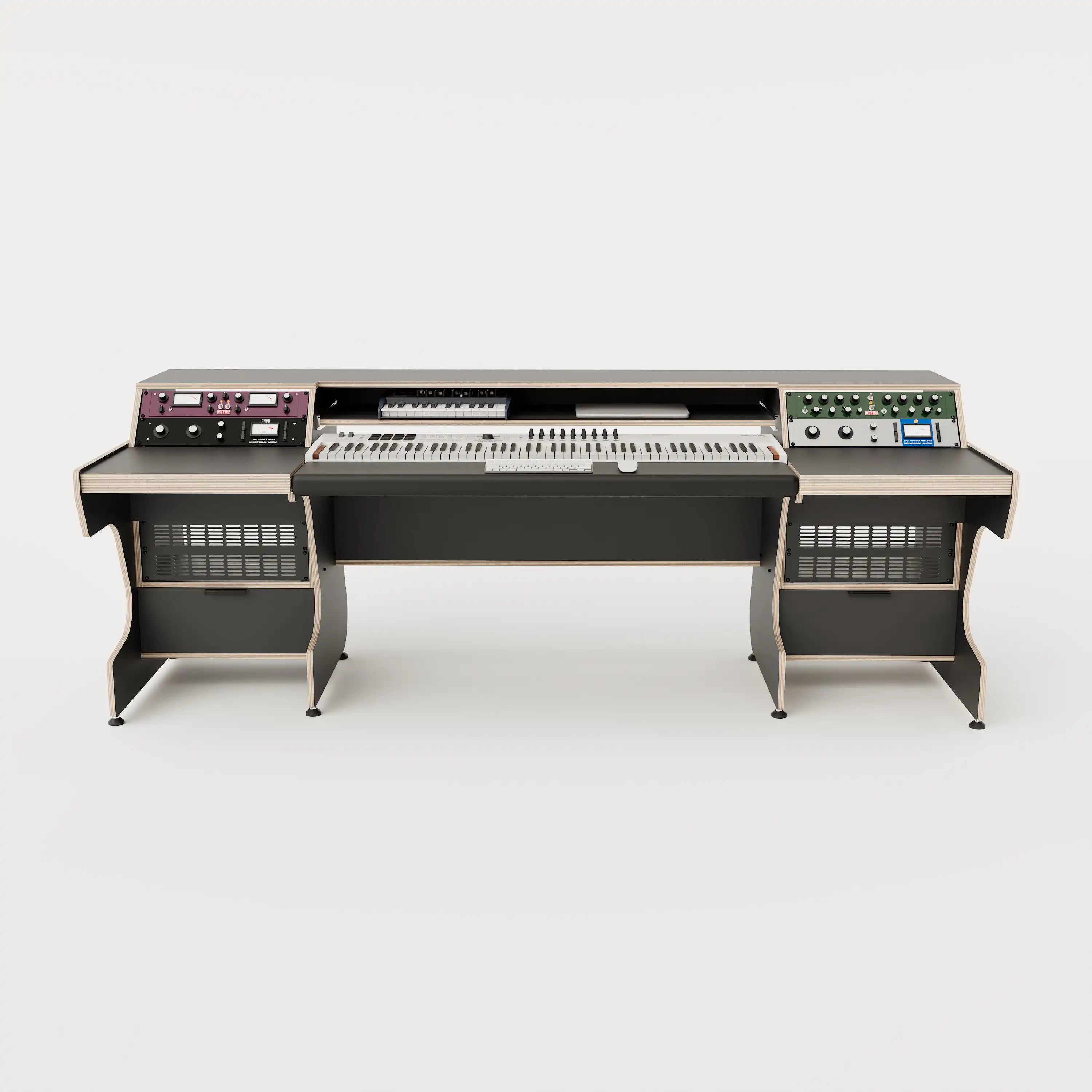 Front view of the Middle Eight custom studio desk for keyboards with 4x 4 rack units on the desktop and 4x 4 rack under the desktop. Two cabinets for storage. Black with expressed plywood edge. 