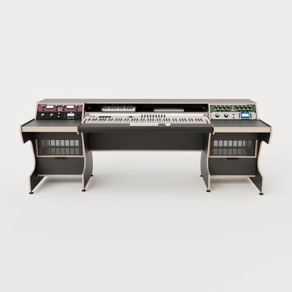 Front view of the Middle Eight custom studio desk for keyboards with 4x 4 rack units on the desktop and 4x 4 rack under the desktop. Two cabinets for storage. Black with expressed plywood edge. 