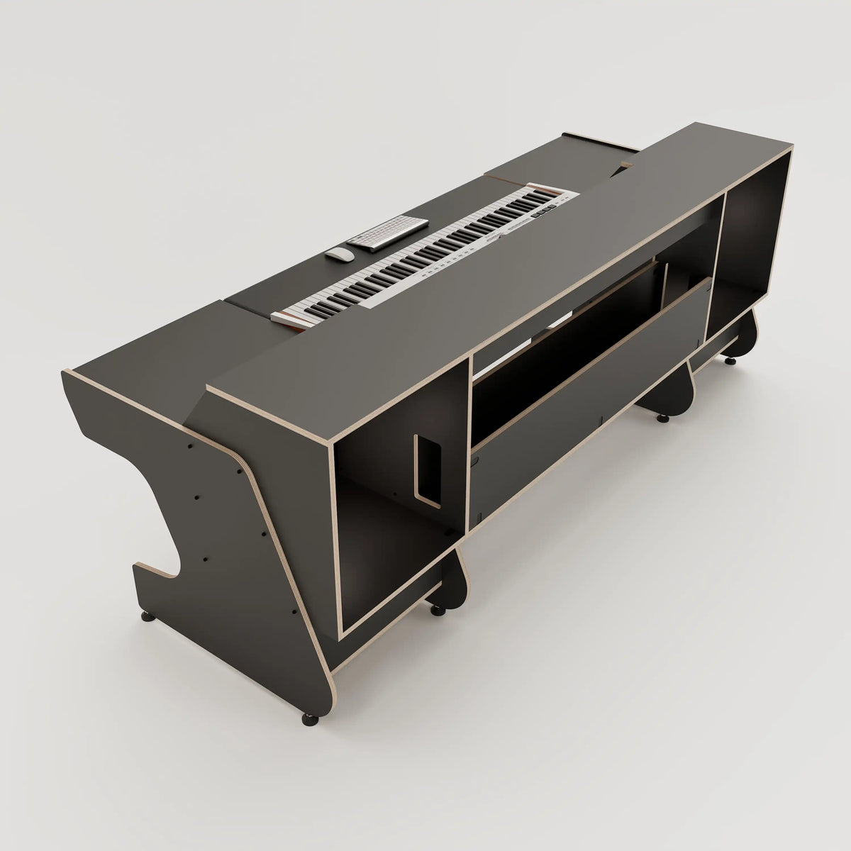 Rear view of the Middle Eight custom studio desk for keyboards with 4x 4 rack units on the desktop and 4x 4 rack under the desktop. Two cabinets for storage. Black with expressed plywood edge. 