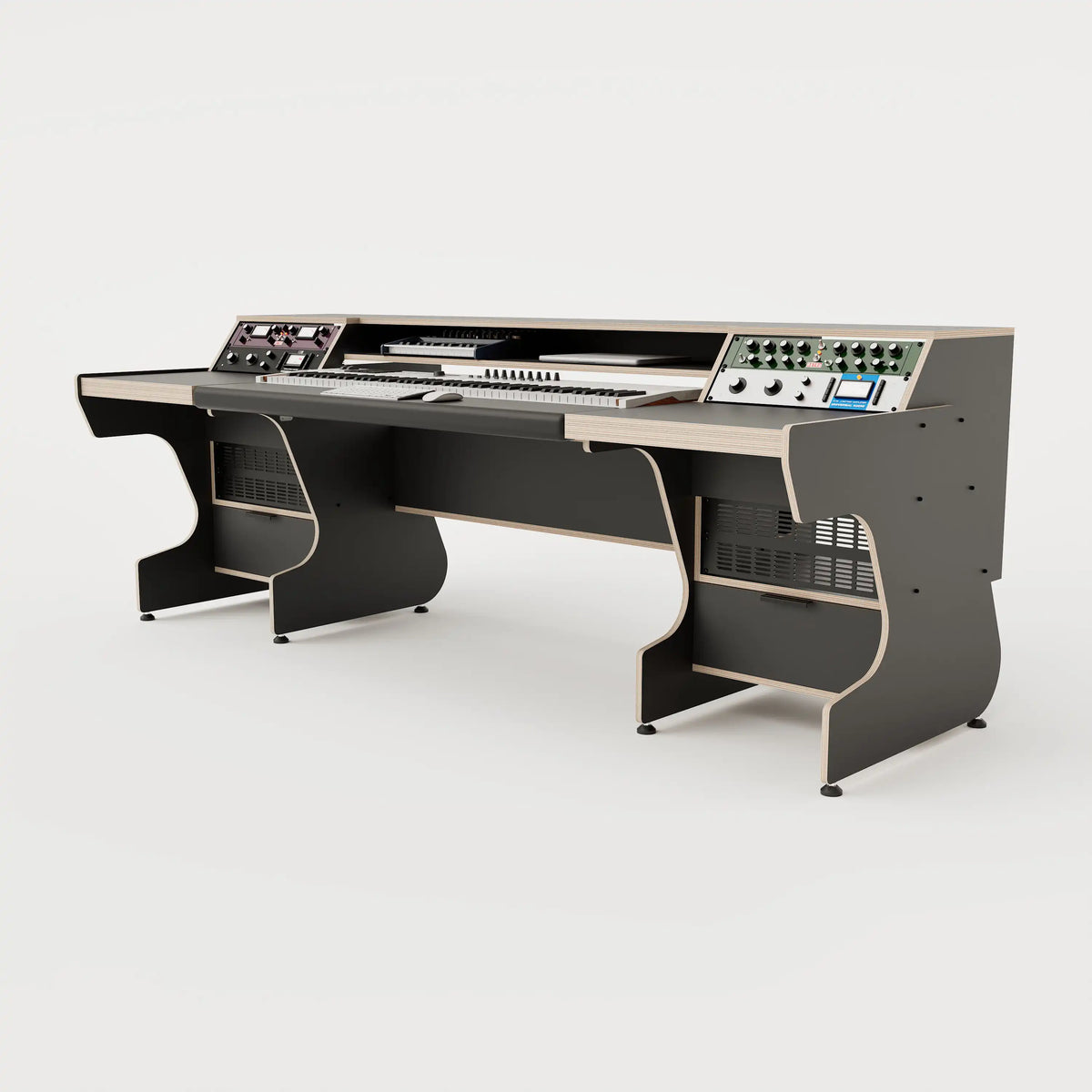 Right side view of the Middle Eight custom studio desk for keyboards with 4x 4 rack units on the desktop and 4x 4 rack under the desktop. Two cabinets for storage. Black with expressed plywood edge. 